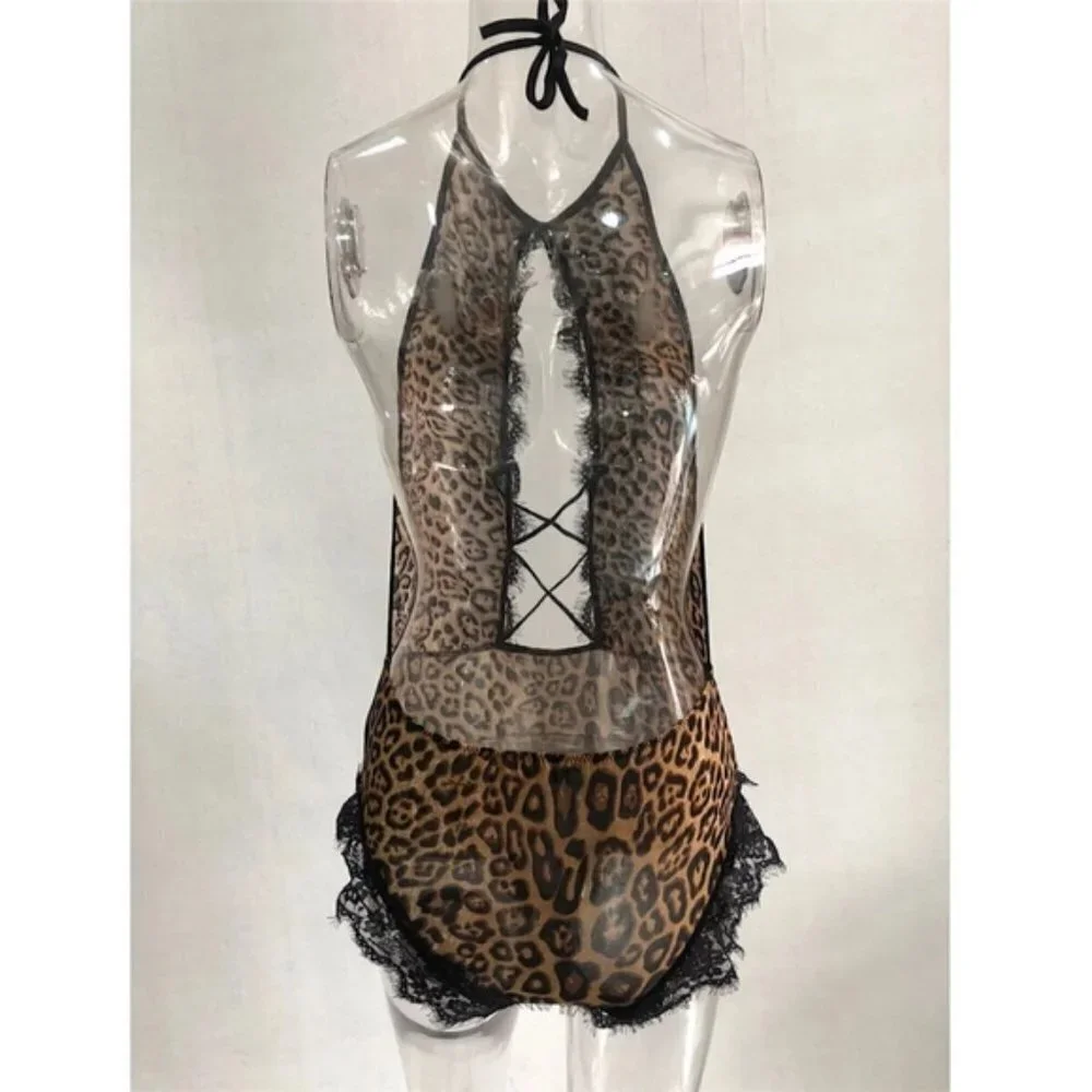 Deep V-plunge neckline Lace Leopard Teddy Lingerie